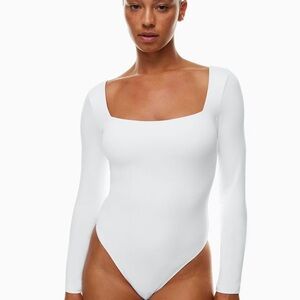 Babaton White Fitted Bodysuit with Long Sleeves